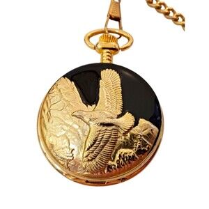 Vtg Native USA Pocket Watch Soaring American Eagle Goldtone Black Enamel Quartz